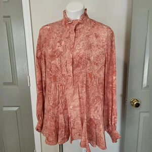 Lafayette 148 New York Paisley Floral Print Ruffle Details Flowy Silk Blouse(L)